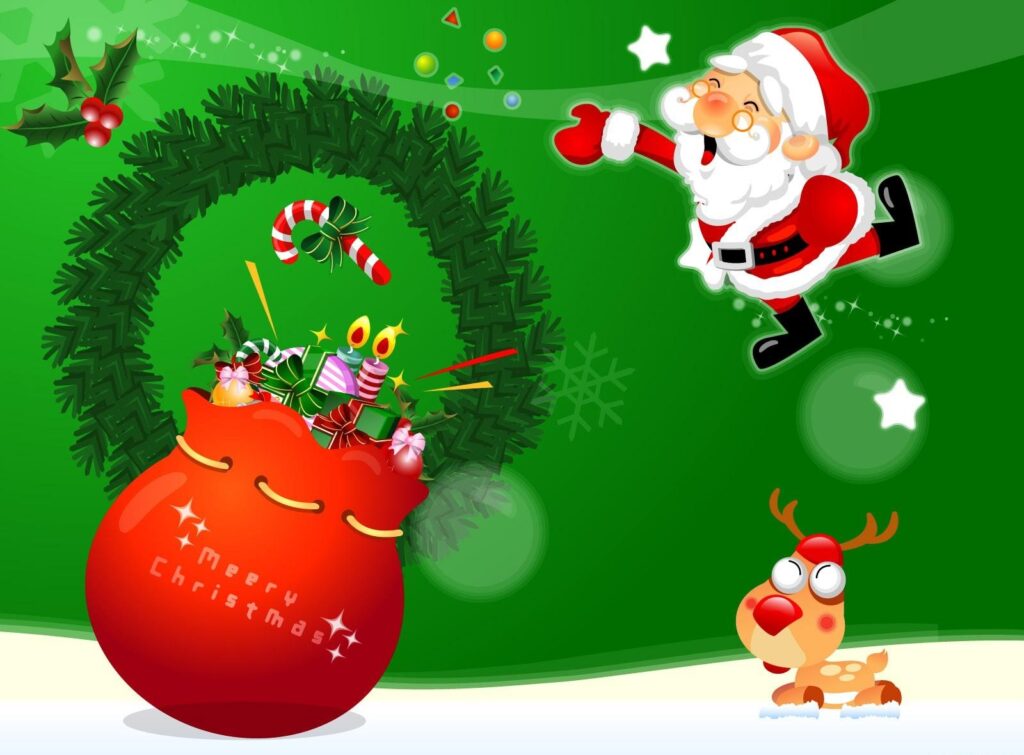 Joyful Christmas Wallpaper: Santa, Reindeer & Festive Gifts