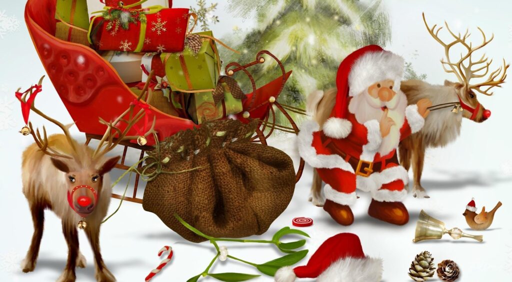 Whimsical Santa Claus Wallpaper with Reindeer and Christmas Gifts