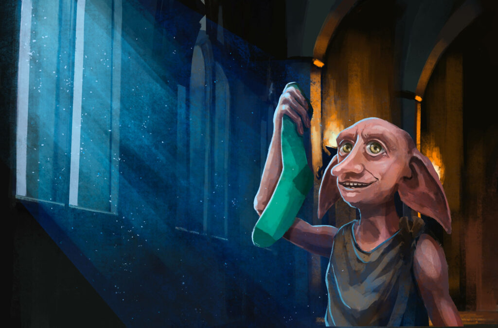 Dobby the Elf's Joyful Freedom: Magical Digital Painting Wallpaper
