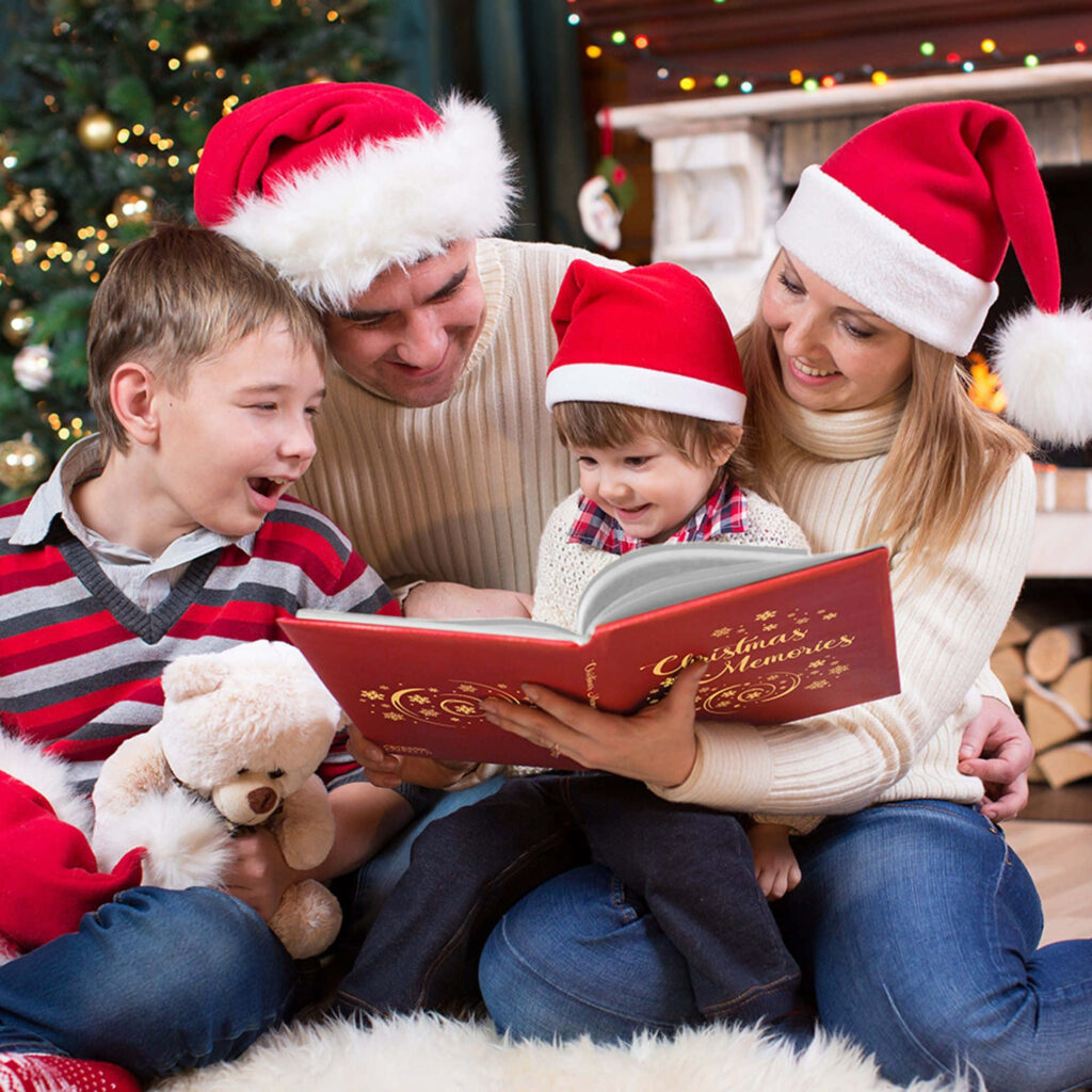 Joyful Family Reading Christmas Book by Cozy Fireplace & Tree Wallpaper