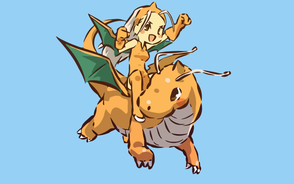 Joyful girl riding friendly Dragonite anime style vibrant bold colors adventurous wallpaper