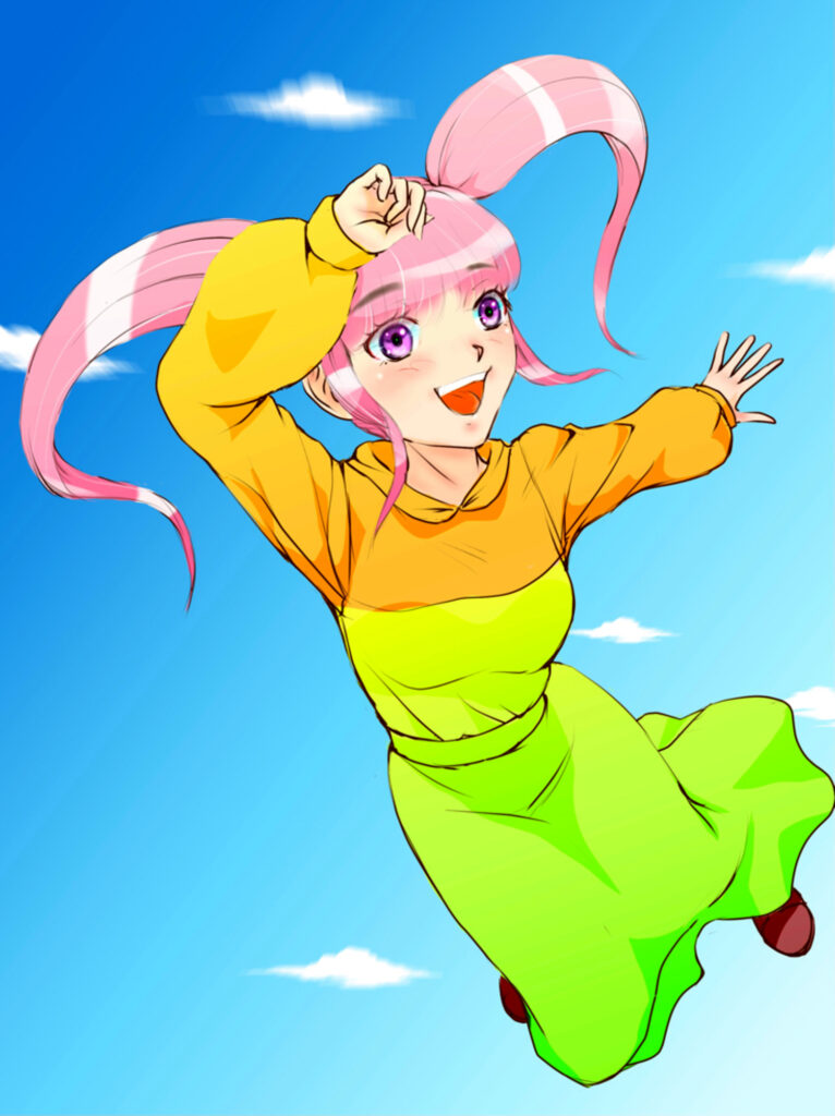 Joyful Pink-Haired Girl Wallpaper: Cheerful Anime Scene in Blue Sky
