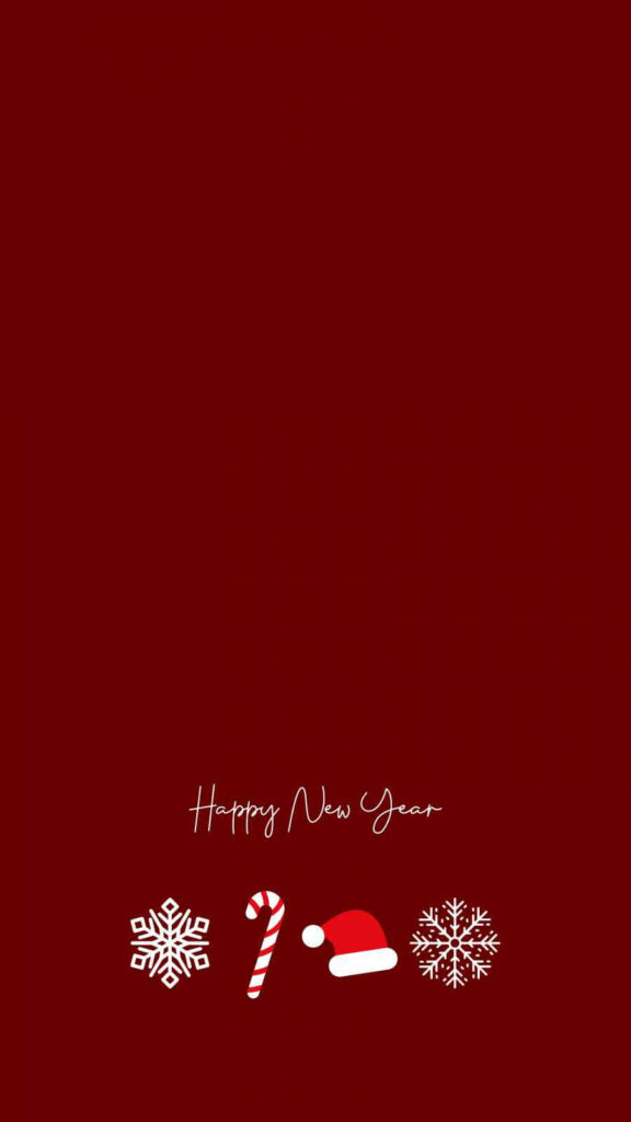 Happy New Year phone wallpaper with deep red background and festive icons like candy cane and snowflakes