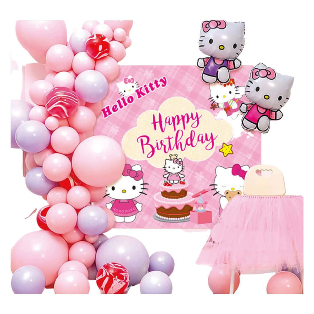 Playful Hello Kitty Birthday Wallpaper with Festive Balloons