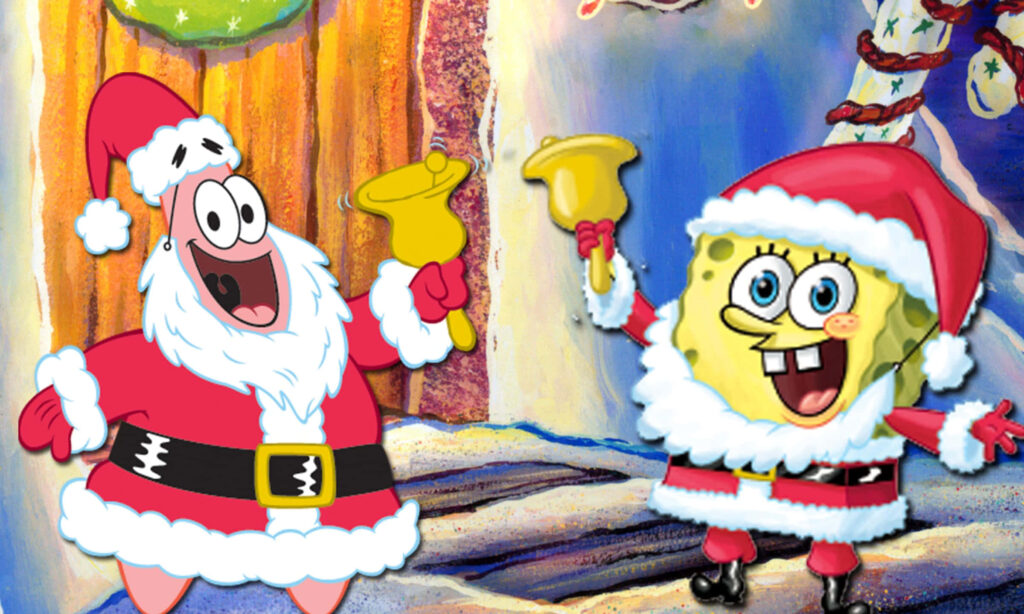 Festive Santa Characters Ringing Bells on Colorful Holiday Wallpaper