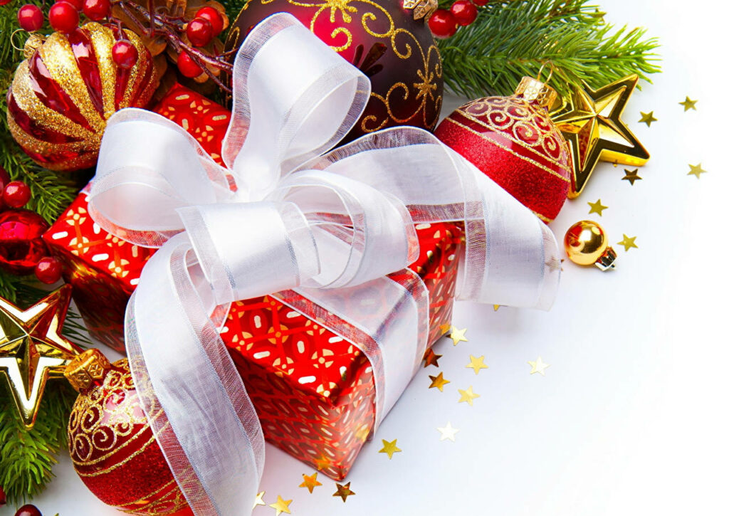 Festive Christmas Present Wallpaper with Ribbons and Ornaments
