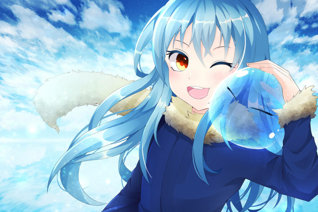 Blissful Blue Adventure: A Digital Art Wallpaper of Cheerful Rimuru Tempest and Their Faithful Slime Companion