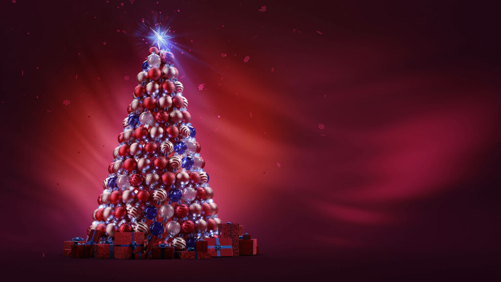Vibrant 8k Christmas Delight: A Festive Seamless Pattern of Colorful Ball Ornaments on a Striking Red Gradient Wallpaper