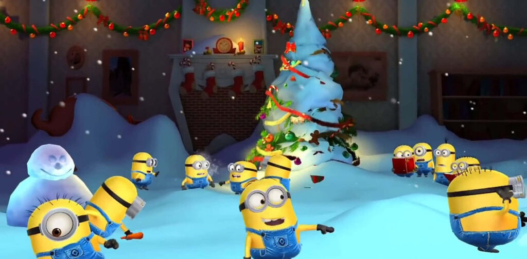 Minions Celebrate Christmas in a Whimsical Snowy Indoor Scene Wallpaper