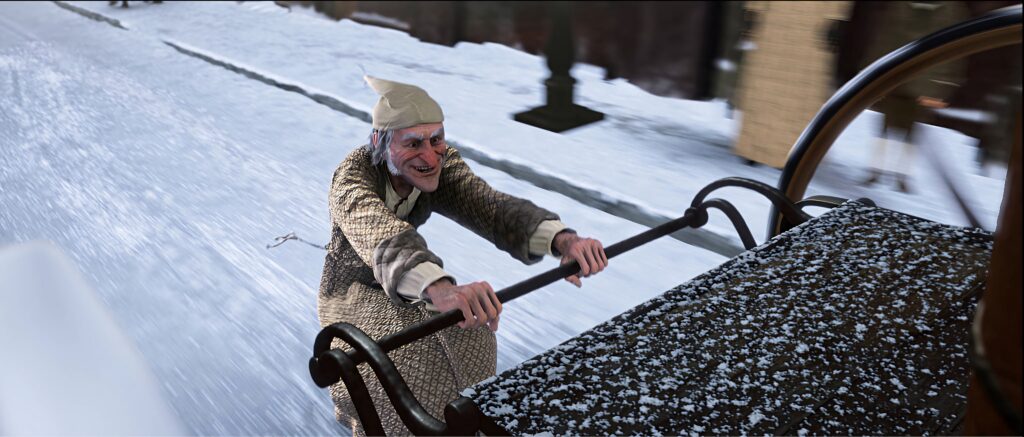 Mr Scrooge joyfully riding a carriage on a snowy street festive Christmas Carol wallpaper background