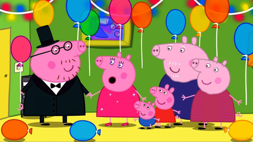 Cheerful Peppa Pig Family Tablet Wallpaper with Colorful Balloons