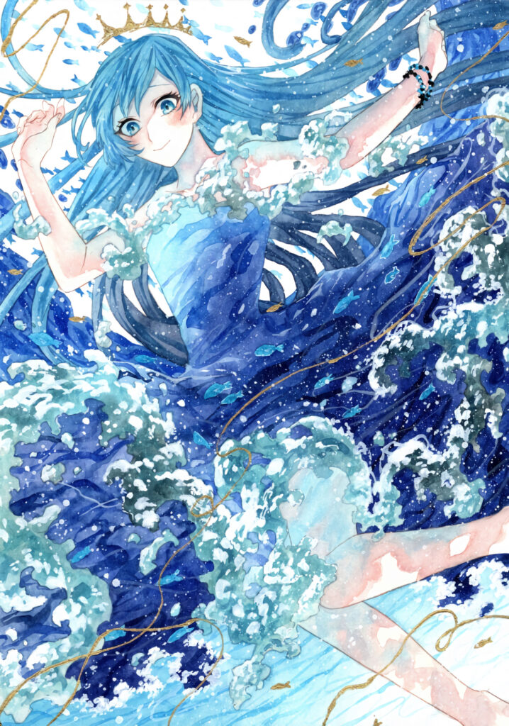 Joyful Princess in Crown: Elegant Anime Wallpaper with Watercolor Waves
