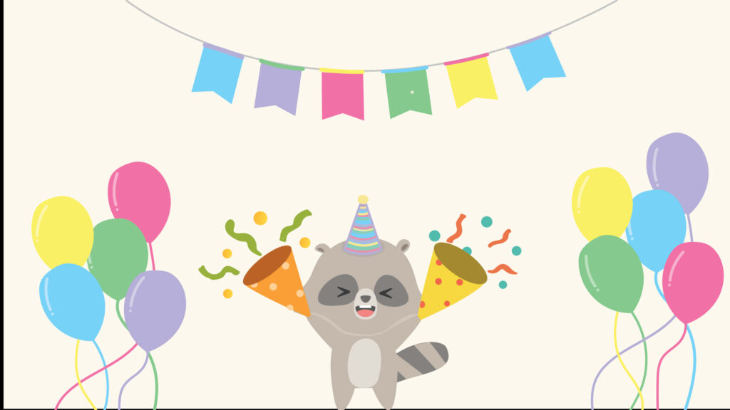 Joyful Raccoon Birthday Wallpaper with Balloons & Confetti Fun