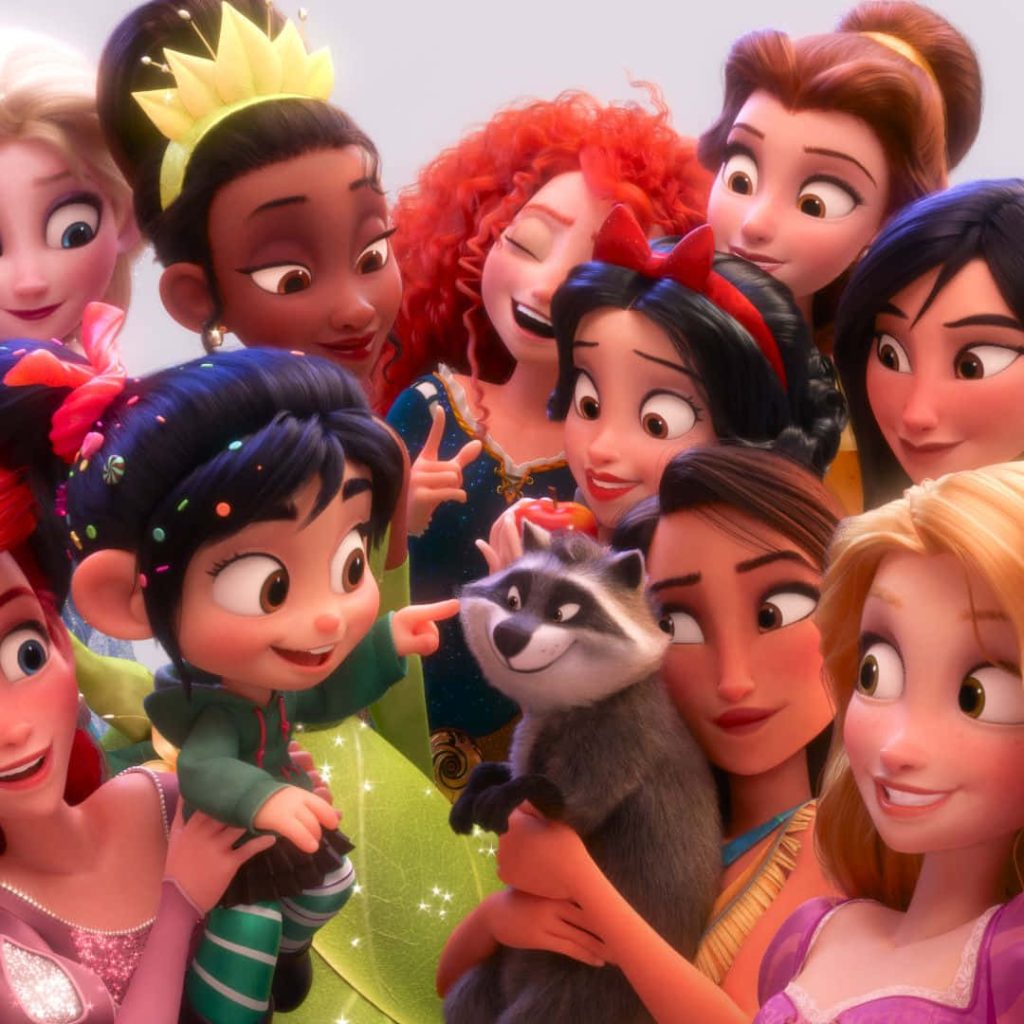 Vanellope with Disney Princesses Snow White Pocahontas and Rapunzel in vibrant Ralph Breaks wallpaper