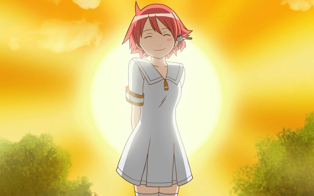 Cheerful Red-Haired Girl Against a Radiant Sunrise Wallpaper
