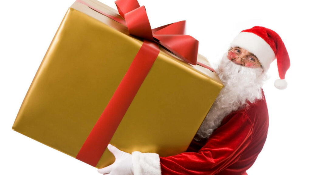 Joyful Santa Claus with Gift Box - Festive Holiday Wallpaper
