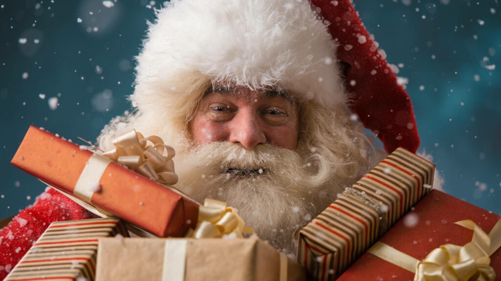 Joyful Santa Claus with Colorful Presents - Festive Winter Wallpaper