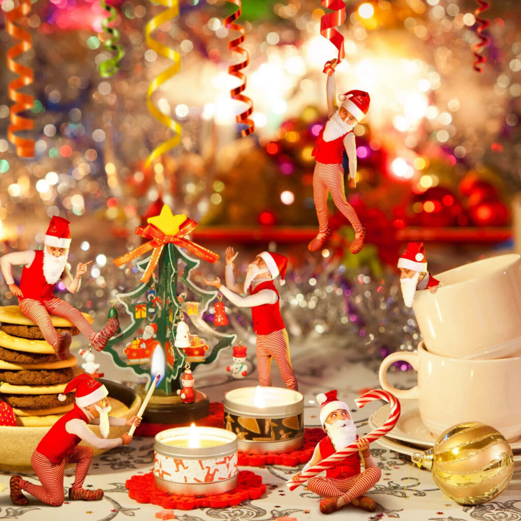 Cheerful Miniature Santas Holiday Wallpaper for Your iPad
