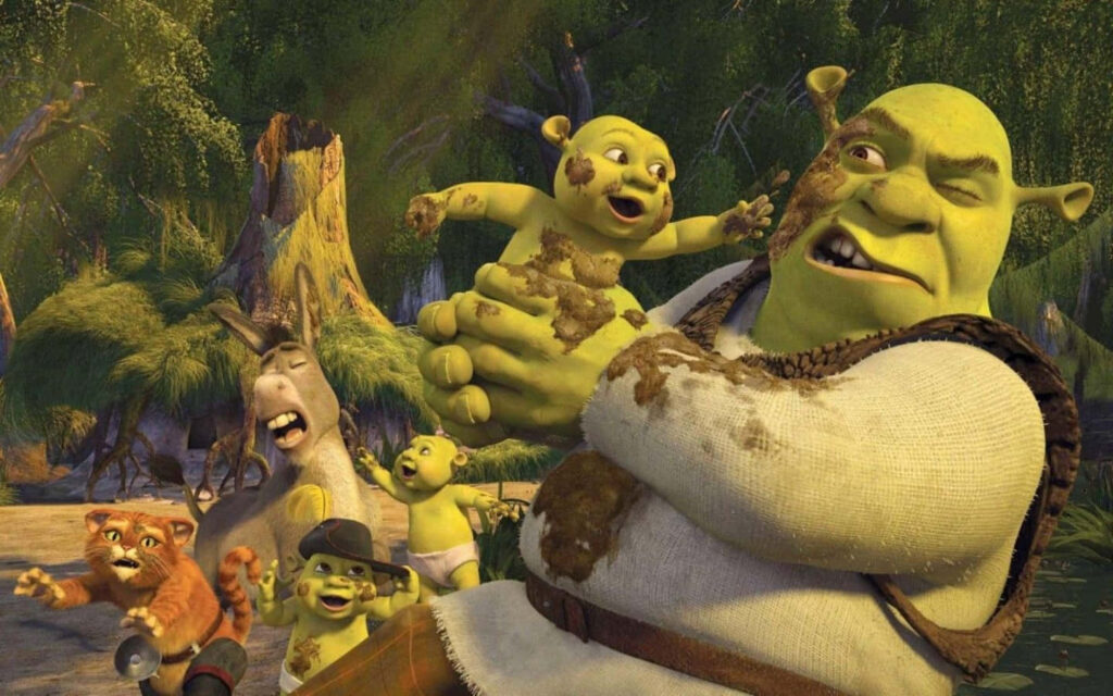 Whimsical Shrek Wallpaper: Shrek, Donkey & Puss Play with Ogre Babies