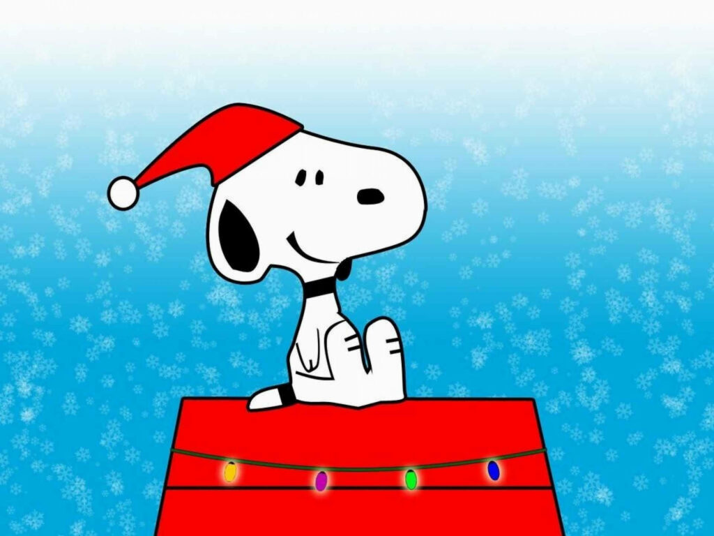 Cheerful Snoopy on Doghouse with Christmas Lights & Snowflakes Wallpaper