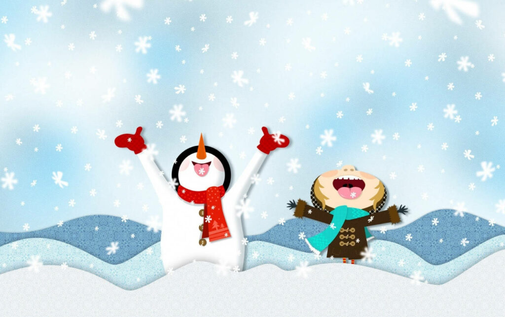 Joyful Snowman and Child in Festive Christmas Wallpaper Background