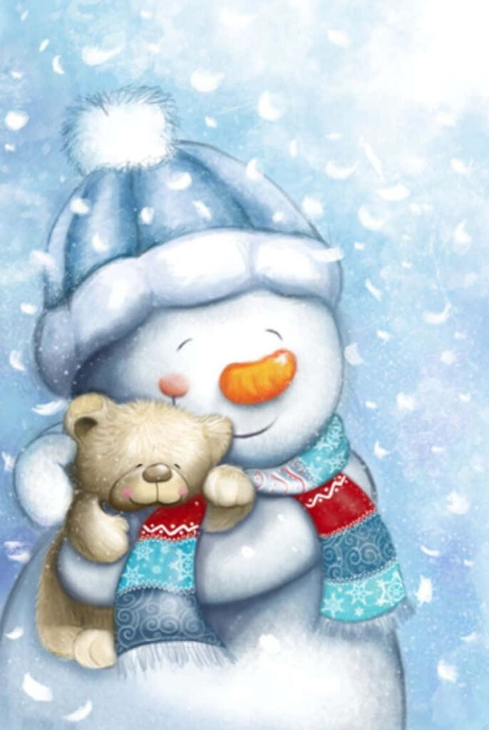 Joyful Snowman & Teddy Bear Winter Wallpaper: Cozy Festive Scene