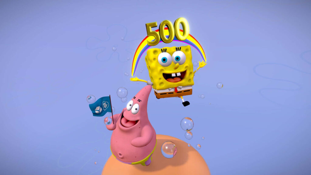 Cheerful Spongebob & Patrick Laptop Wallpaper with Rainbow Background