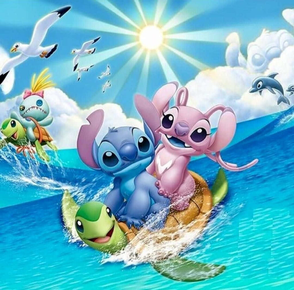Stitch & Angel Riding Sea Turtle: Vibrant Adventure Wallpaper