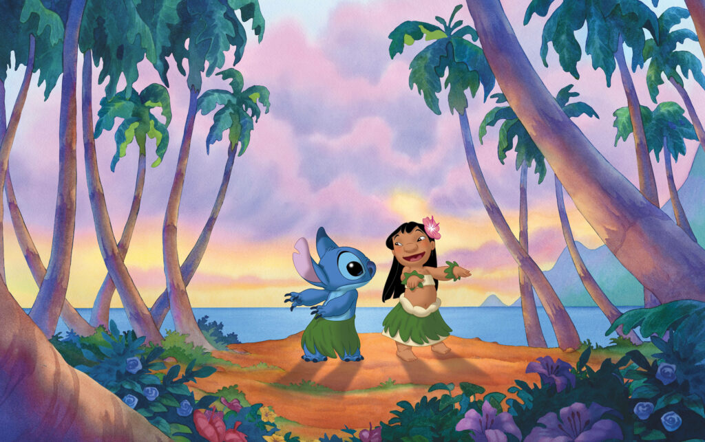 Tropical Sunset: Animated Characters in Hula Skirts Dance Joyfully Wallpaper