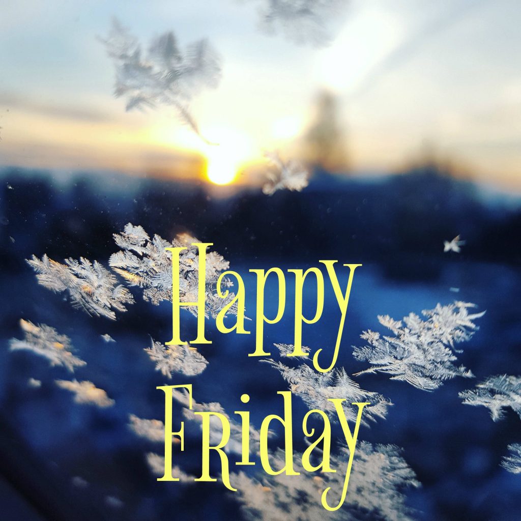 Joyful winter Friday wallpaper with frost patterns and golden sunrise in blue tones background