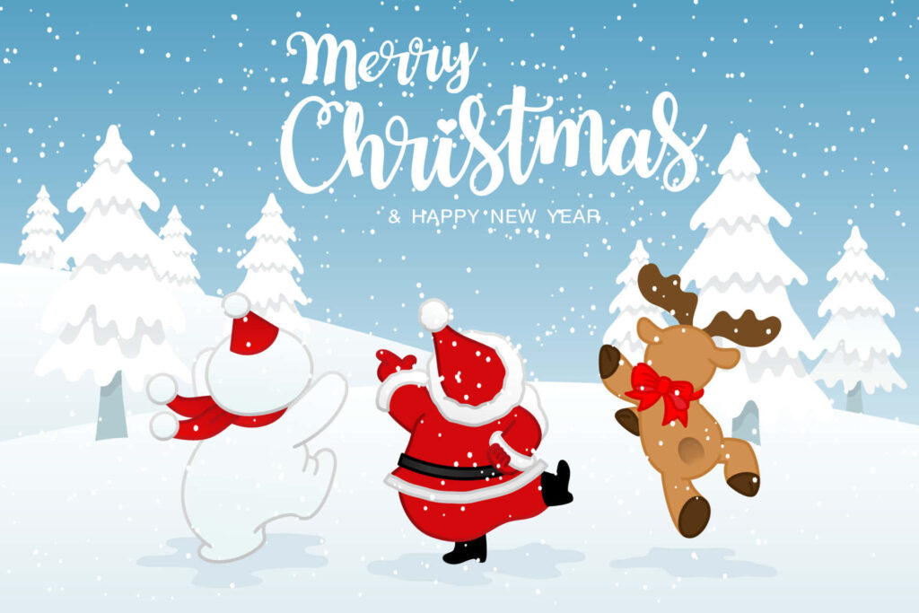 Festive Winter Wallpaper: Snowman, Santa & Reindeer Dance Joyfully