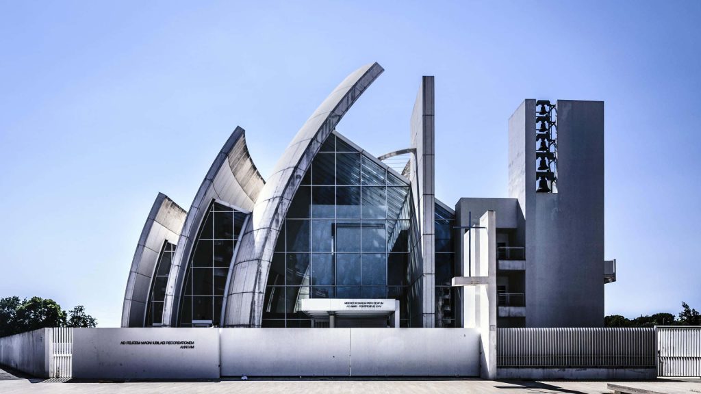 Jubilee Church Rome modern design curved concrete walls glass facades clear sky wallpaper background