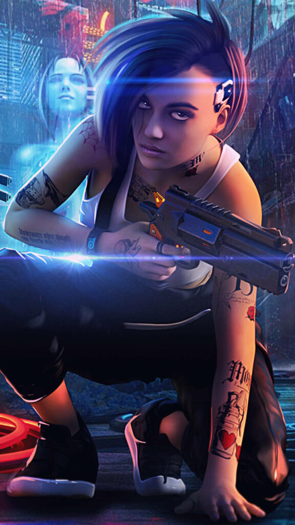 Judy Alvarez Embraces the Tech-Fueled Revolution in Cyberpunk 2077 for Android - A Gun-Wielding Visionary with an Edgy Undercut Wallpaper