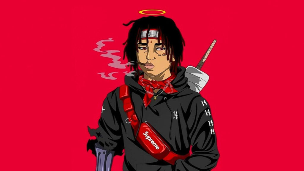 Vibrant Visuals: Juice Wrld Anime Sporting a Sleek Black Hoodie and Red Crossbody Bag Amidst a Striking Red Setting Wallpaper