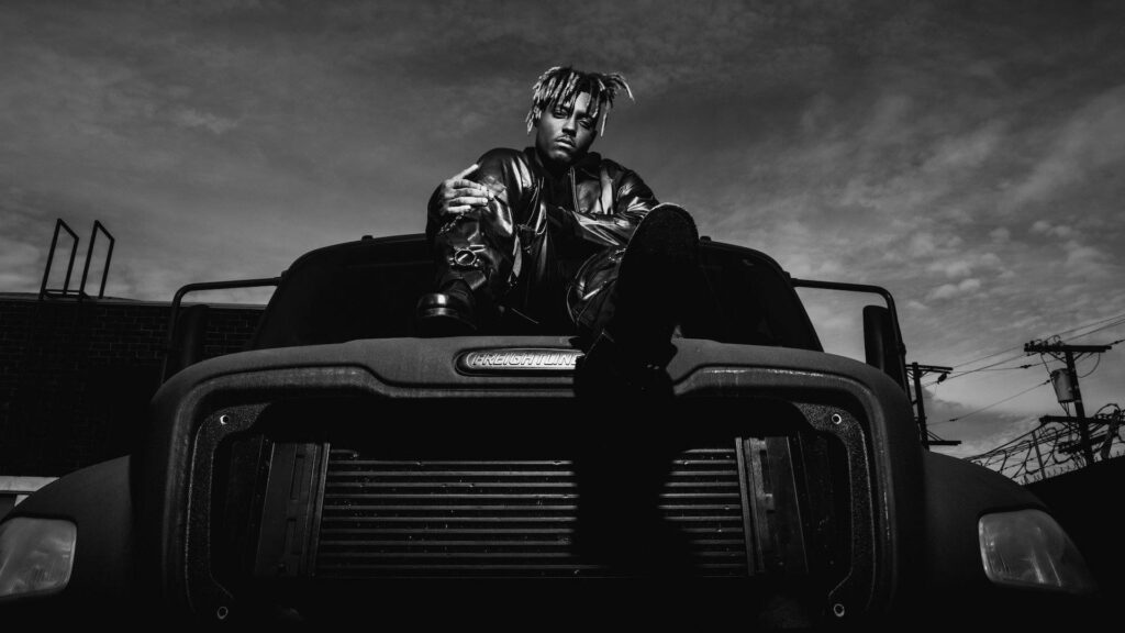 Juice Wrld black and white portrait low angle on Freightliner truck moody urban wallpaper background