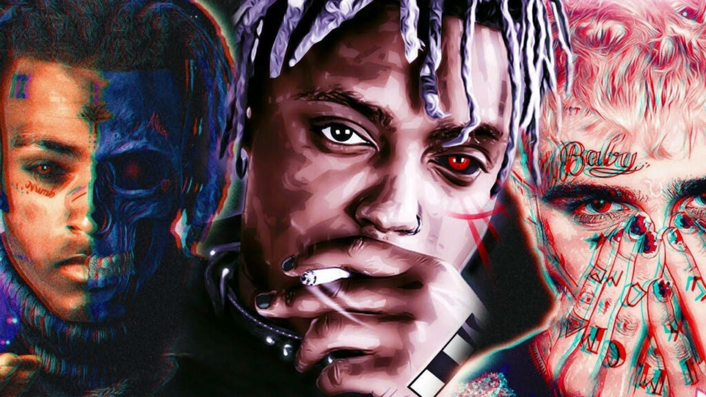 Digital collage of Juice WRLD XXXTentacion Lil Peep with glitch effects dark horror tribute wallpaper