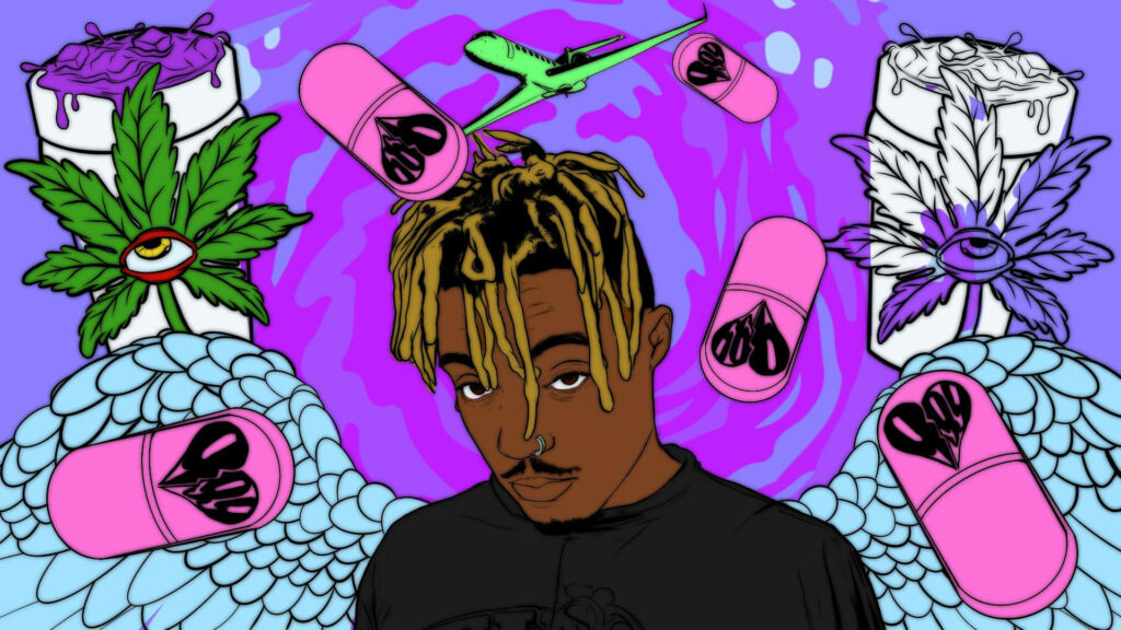 Vibrant Juice WRLD digital art with purple swirls pink heart capsules cannabis leaves foam cups Wallpaper