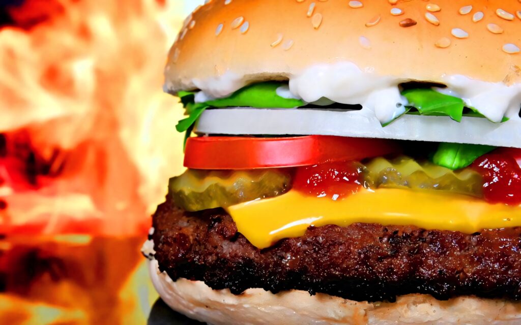 Close-up of juicy cheeseburger with melted cheese fresh veggies and sauces on fiery background Wallpaper