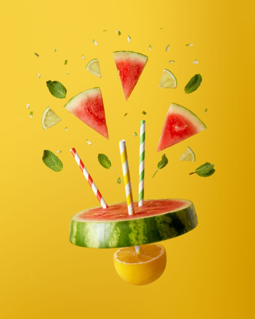 Vibrant Fruit Wallpaper: Watermelon, Lemon & Mint on Yellow Background