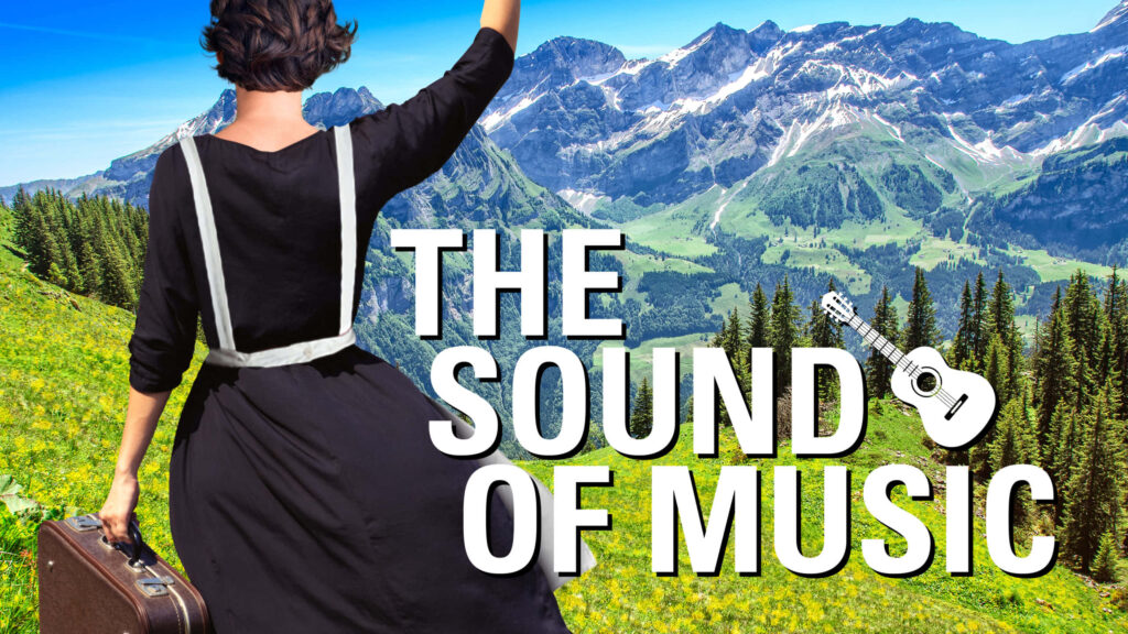 Julie Andrews as Fraulein Maria with suitcase overlooking scenic alpine landscape Sound of Music Wallpaper