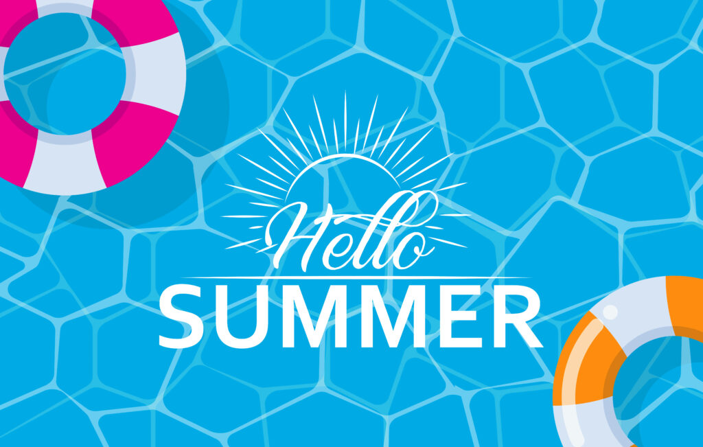 Hello Summer wallpaper with blue pool, bright lifebuoys, stylized sun, and bold typography