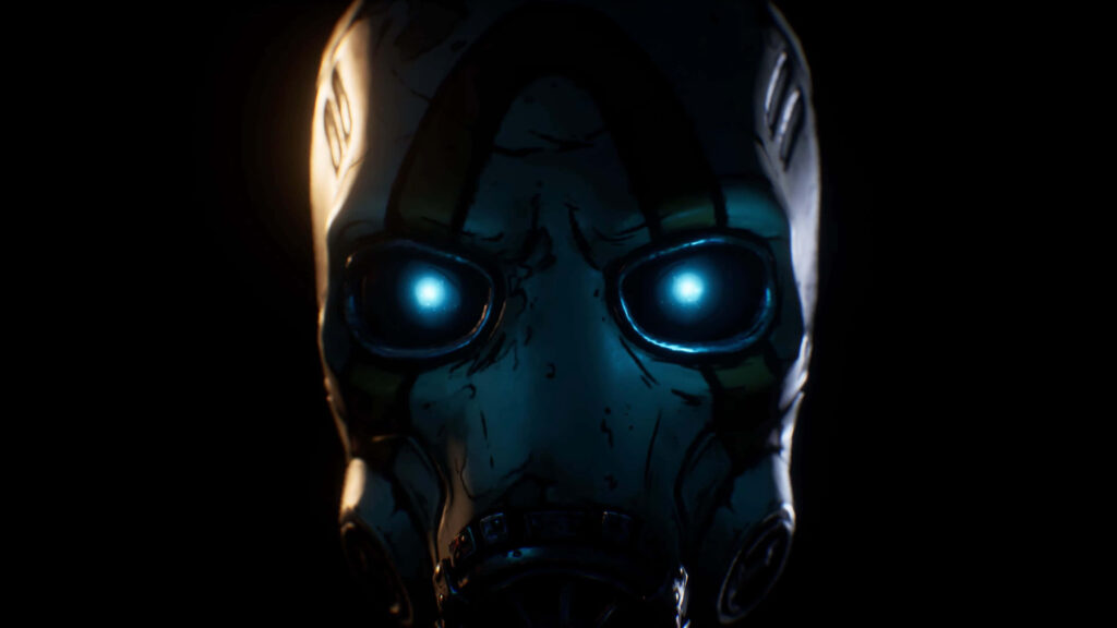 Borderlands 3 Character Close-Up: Intricate Mask and Glowing Blue Eyes Set Against Dark, Post-Apocalyptic Background Wallpaper