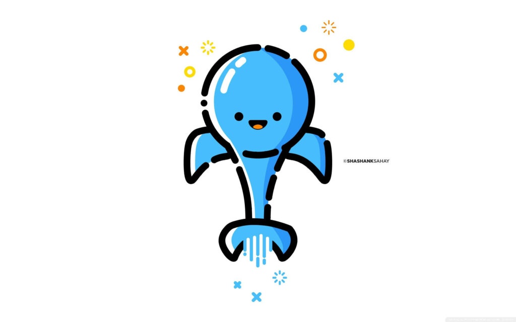 Dancing Delight: Whimsical Blue Dolphin Leaping From Ocean Waters on a Smiley White Background Wallpaper