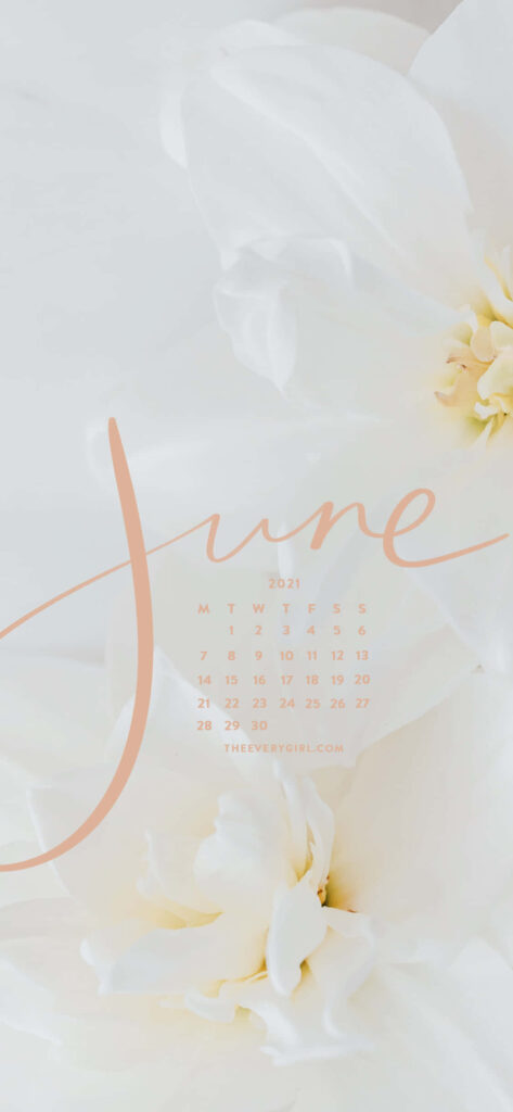 June 2021 calendar wallpaper with delicate white flowers pastel tones minimalist calming background