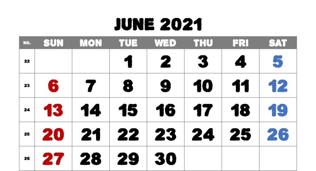 June 2021 calendar wallpaper with Sundays in red Saturdays in blue modern black and white design