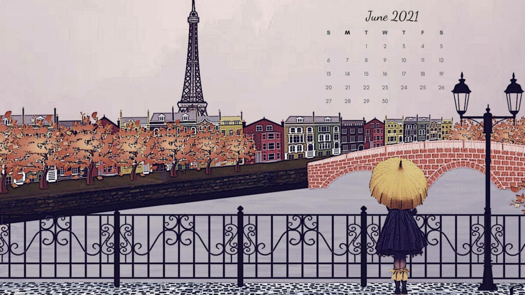 June 2021 iPhone wallpaper Paris Eiffel Tower autumn trees girl yellow umbrella riverfront
