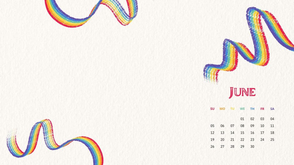 June calendar wallpaper with vibrant crayon rainbow swooshes on minimalist off-white background