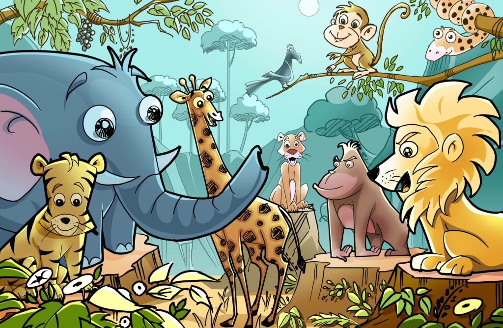 Wildly Animated Jungle Gathering: An Array of Animals Meet in Vibrant Wallpaper