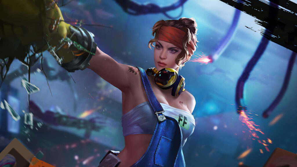 Garena Free Fire Shani digital art wallpaper with denim overalls yellow headphones industrial sparks