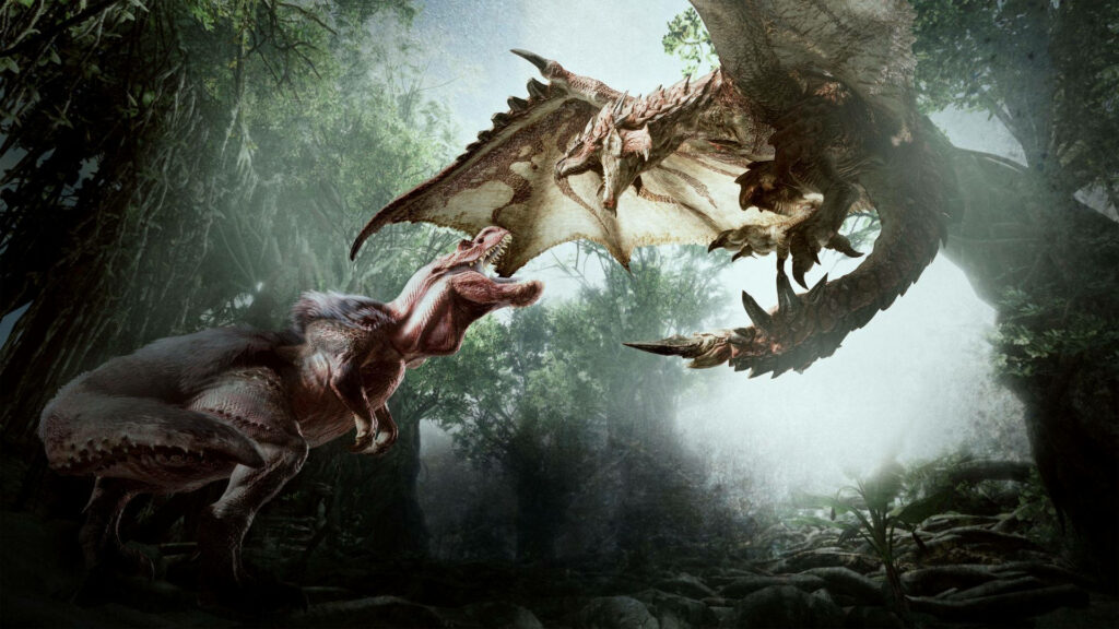 Jurassic duel: dinosaur vs dragon in misty forest - epic fantasy wallpaper background